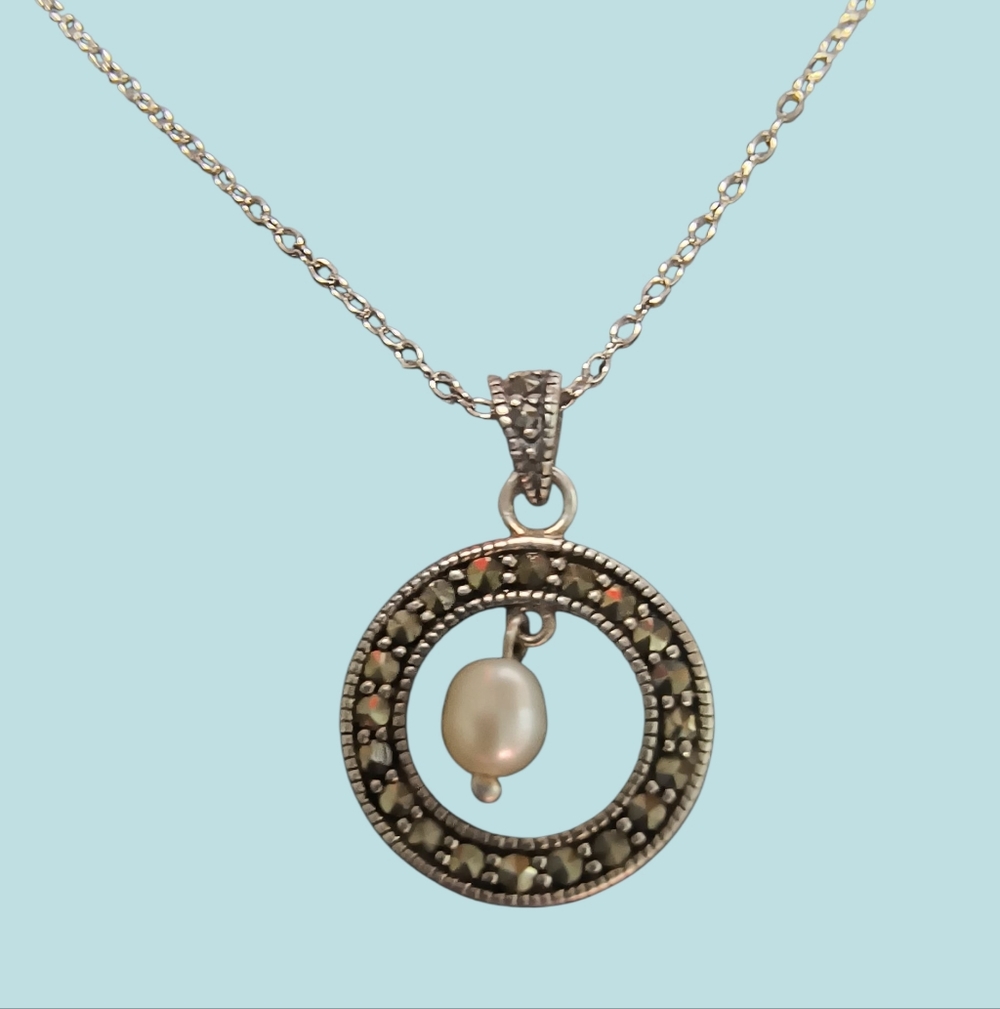 Vintage Marcasite And Sterling Silver Halo Pendant with Floating Pearl